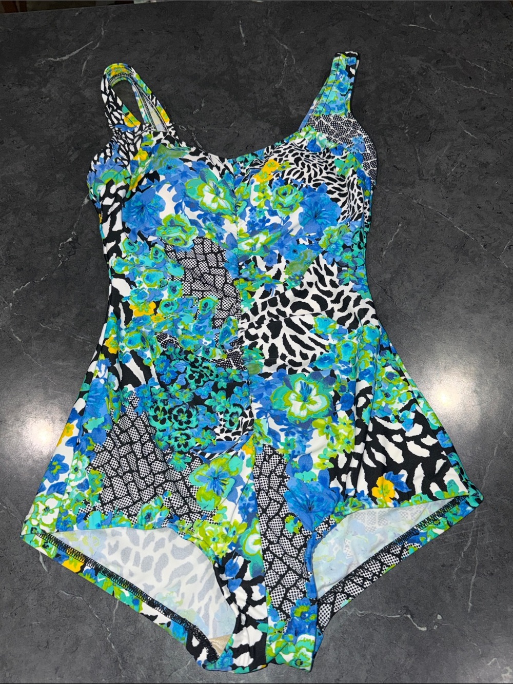VINTAGE Maxine of Hollywood Blue and Green Floral One-Piece Swimsuit